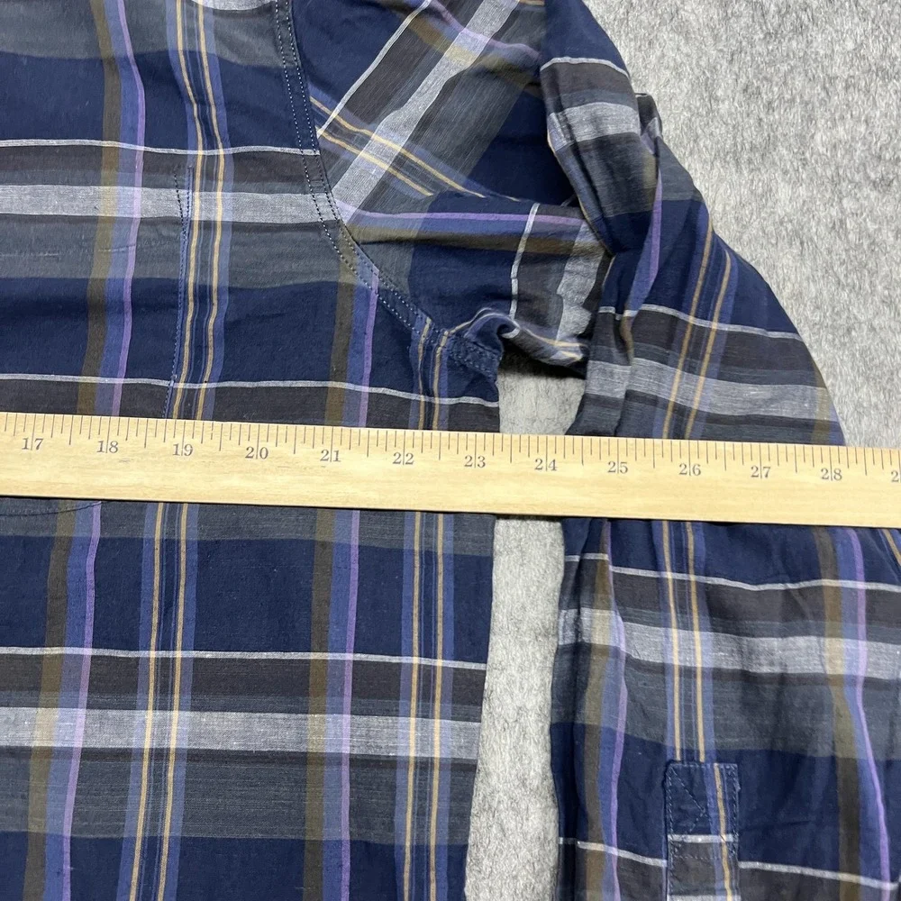 Banana Republic Shirt Mens Large Blue Plaid Linen Organic Cotton Untucked Button